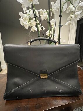 Vintage LANCEL Paris Black Leather Top Handle Handbag / Briefcase Gold-Tone